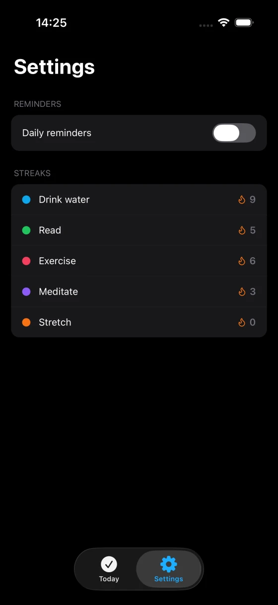Habits, Settings, iOS, dark